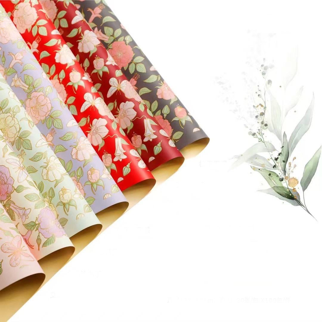 MYHC-76 Kertas Pembalut Bunga Filem Mutiara Corak Camellia Vintage Bermata Emas
